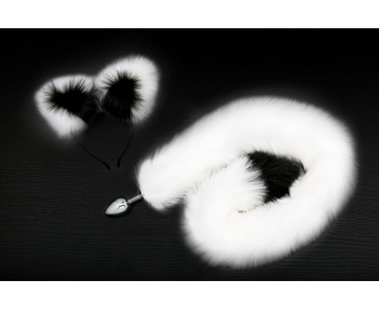 Серебристая анальная пробка с бело-черным хвостиком и ободком-ушками, фото 