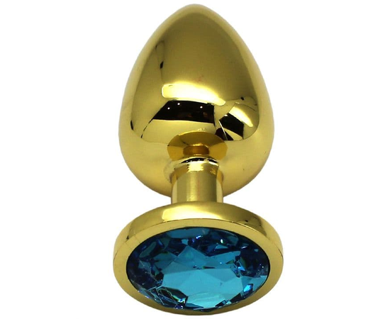 Золотистая анальная пробка с голубым кристаллом - 9 см., фото 