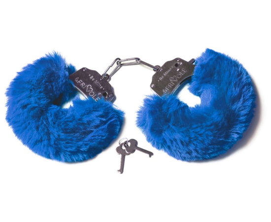 Шикарные синие меховые наручники с ключиками, фото 