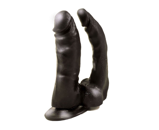 Двойной чёрный фаллоимитатор на присоске - 15 см., Цвет: черный, фото 