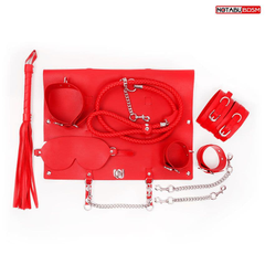 Красный набор БДСМ в сумке: маска, ошейник с поводком, наручники, оковы, плеть, фото 