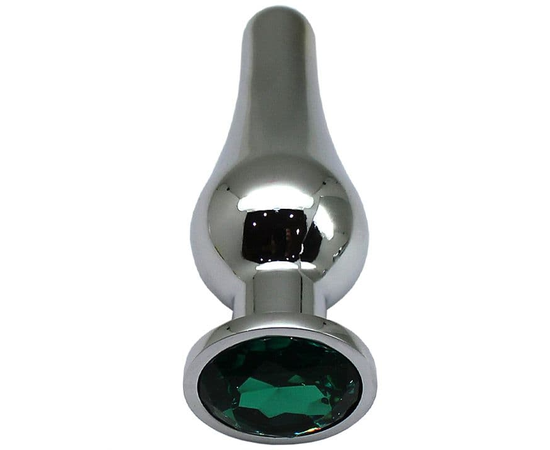 Серебристая анальная пробка с зеленым кристаллом - 13 см., фото 