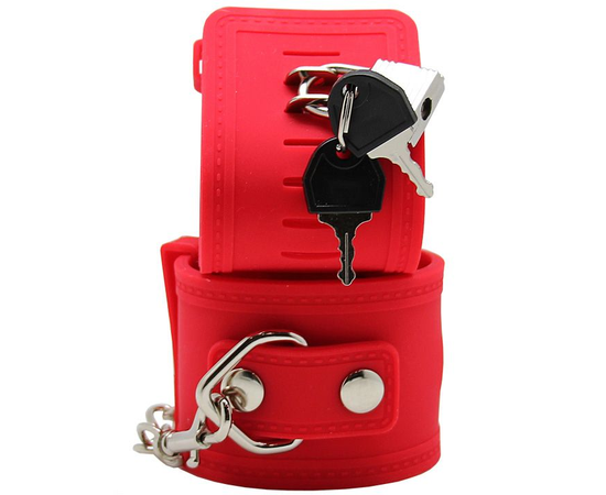 Красные силиконовые наручники с фиксацией и ключиком, фото 