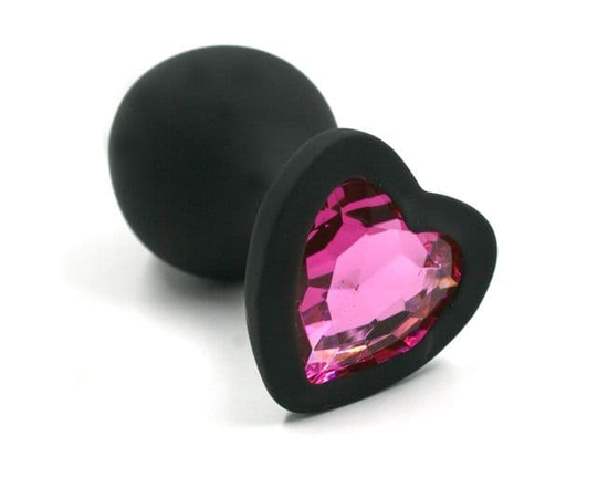 Черная анальная пробка из силикона с розовым кристаллом в форме сердца - 8,8 см., фото 