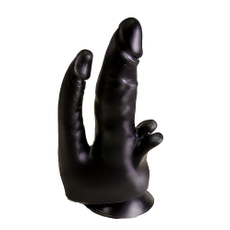 Чёрный двойной фаллоимитатор с клиторальными лепестками - 17 см., Цвет: черный, фото 