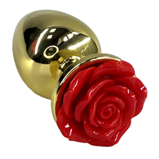 Золотистая анальная пробка с ограничителем в форме красной розы - 10 см., фото 