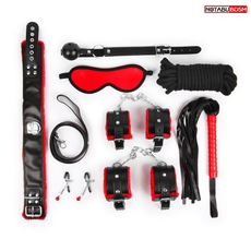 Стильный черно-красный набор БДСМ: маска, кляп, зажимы, плётка, ошейник, наручники, оковы, верёвка, фото 