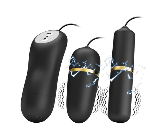 Черный проводной набор с электростимуляцией: виброяйцо и вибропуля, фото 