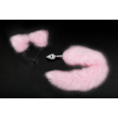 Серебристая анальная пробка с розовым хвостиком и ободком-ушками, фото 