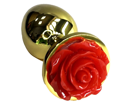 Золотистая анальная пробка с ограничителем в форме красной розы - 8 см., фото 