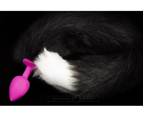 Розовая силиконовая анальная пробка с черным хвостиком, фото 