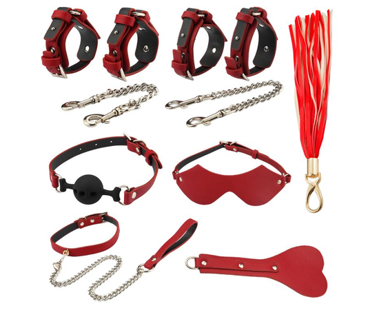 Оригинальный БДСМ-набор из 9 предметов в кожаной сумке, Цвет: красный с черным, фото 