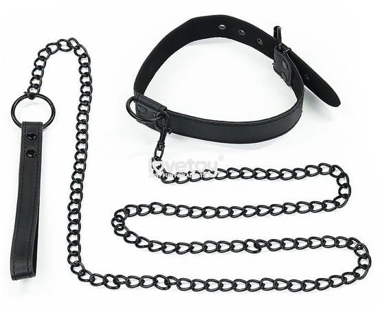 Черный ошейник Bondage Fetish Black Matt Collar With Leash с цепочкой-поводком, фото 