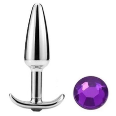 Металлическая анальная пробка-конус с кристаллом OYO - 9 см., Длина: 9.00, Цвет: серебристый, Дополнительный цвет: Фиолетовый, фото 