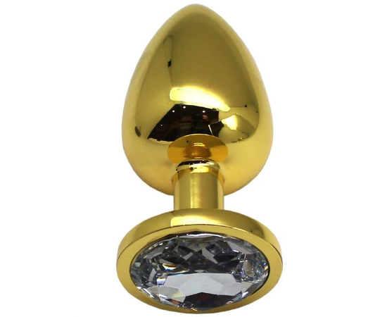 Золотистая анальная пробка с прозрачным кристаллом - 9 см., фото 