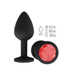 Чёрная анальная втулка с красным кристаллом - 7,3 см., фото 