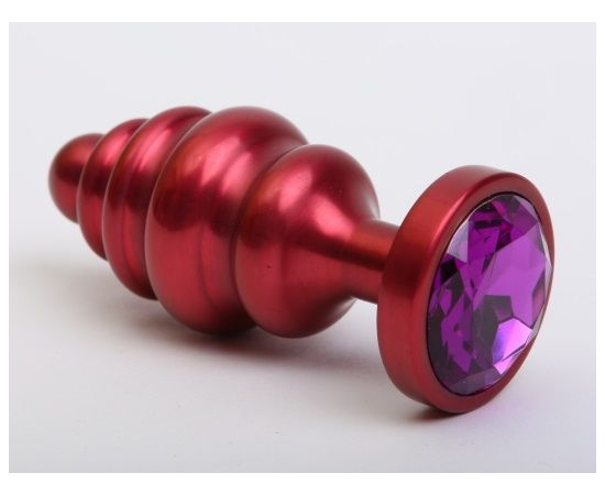 Красная ребристая анальная пробка с фиолетовым стразом - 7,3 см., фото 