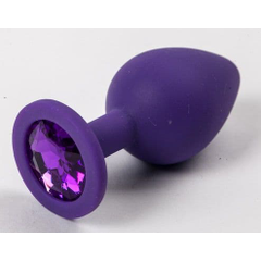 Фиолетовая силиконовая анальная пробка с фиолетовым стразом - 8,2 см., фото 