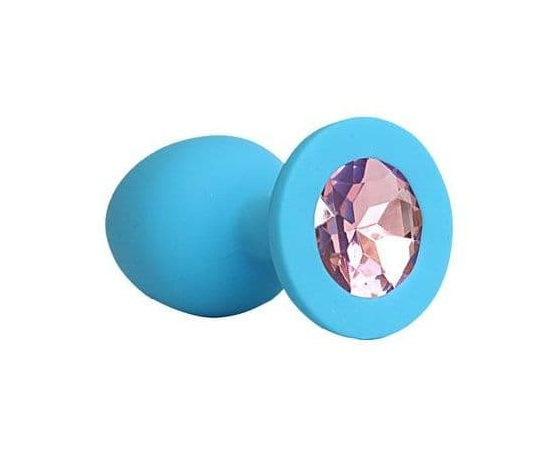 Голубая силиконовая анальная пробка с нежно-розовым кристаллом - 9,5 см., фото 