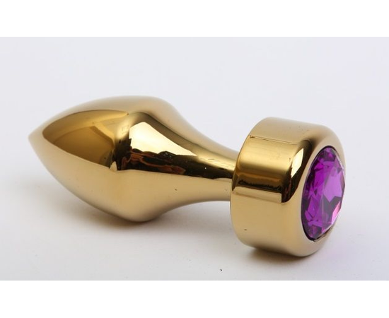 Золотистая анальная пробка с широким основанием и фиолетовым кристаллом - 7,8 см., фото 