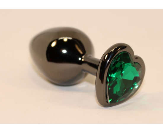 Черная коническая анальная пробка с зеленым кристаллом-сердечком - 8 см., фото 