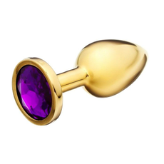 Золотистая анальная пробка с фиолетовым кристаллом - 8,5 см., фото 