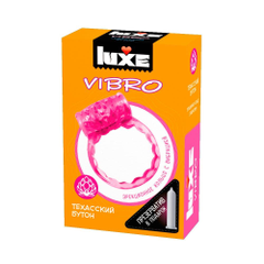 Розовое эрекционное виброкольцо LUXE VIBRO "Техасский бутон" + презерватив, фото 