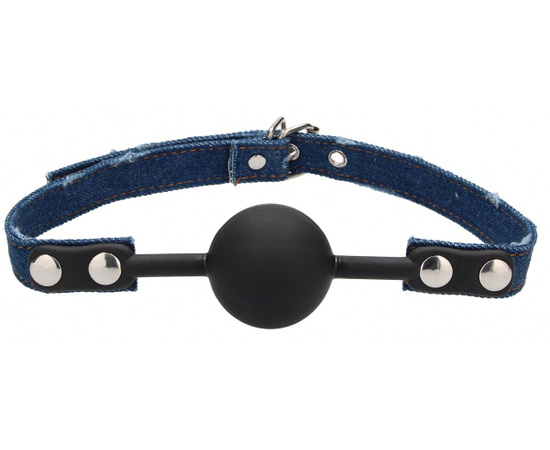 Черный кляп-шарик With Roughend Denim Straps с синими джинсовыми ремешками, фото 