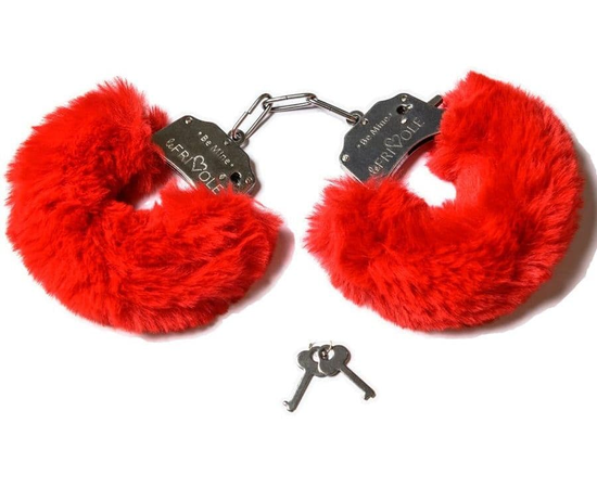 Шикарные наручники с пушистым красным мехом, фото 