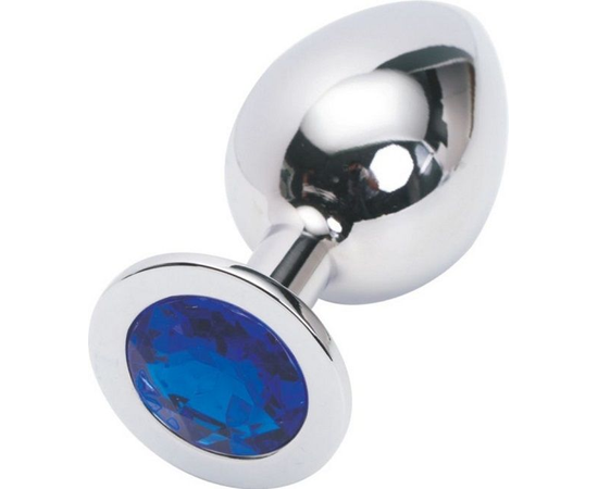 Серебряная металлическая анальная пробка среднего размера с синим стразиком - 8,2 см., фото 