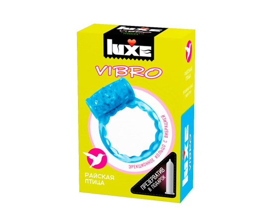 Голубое эрекционное виброкольцо Luxe VIBRO "Райская птица" + презерватив, фото 