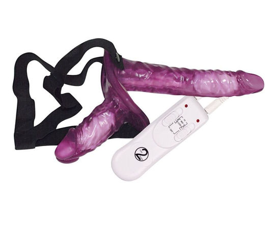 Страпон с вибрацией и вагинальной пробкой STRAP ON DUO - 18 см., Цвет: фиолетовый, фото 