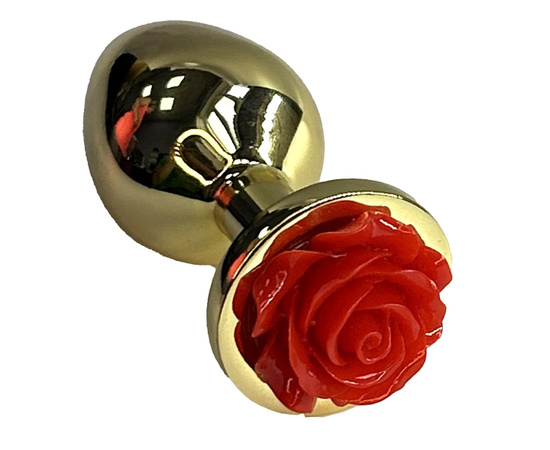 Золотистая анальная пробка с ограничителем в форме красной розы - 9 см., фото 