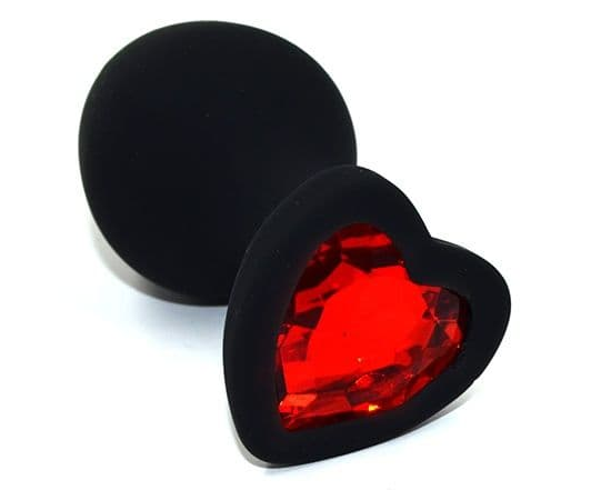 Черная анальная силиконовая пробка с красным кристаллом в форме сердца - 8,8 см., фото 