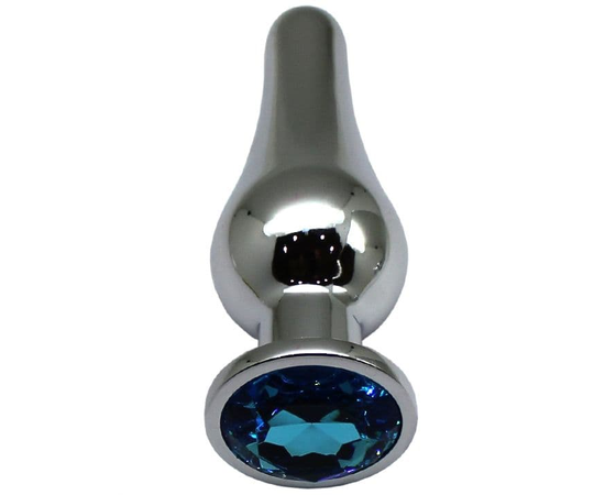 Серебристая анальная пробка с голубым кристаллом - 13 см., фото 