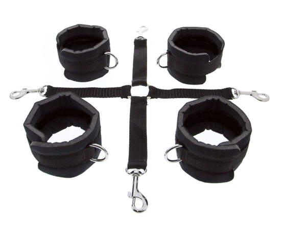 Регулируемые мягкие манжеты на запястья и лодыжки с соединительной крестовиной Hog Tie Cuff Set, фото 
