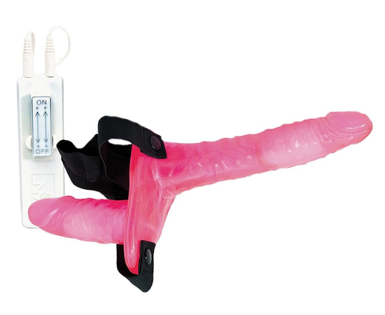 Поясной розовый виброфаллос с вагинальной пробкой - 17,5 см., Цвет: розовый, фото 