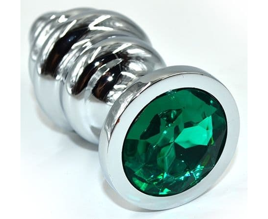 Серебристая анальная пробка из нержавеющей стали с зеленым кристаллом - 8,8 см., фото 