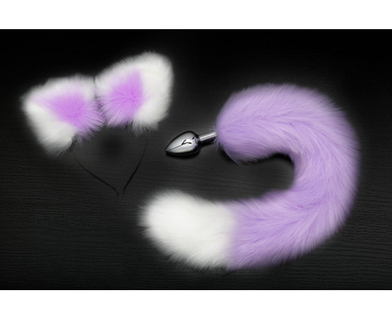 Серебристая анальная пробка с фиолетово-белым хвостиком и ободком-ушками, фото 