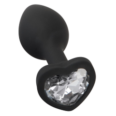 Черная силиконовая анальная пробка с прозрачным стразом-сердечком - 7,3 см., фото 