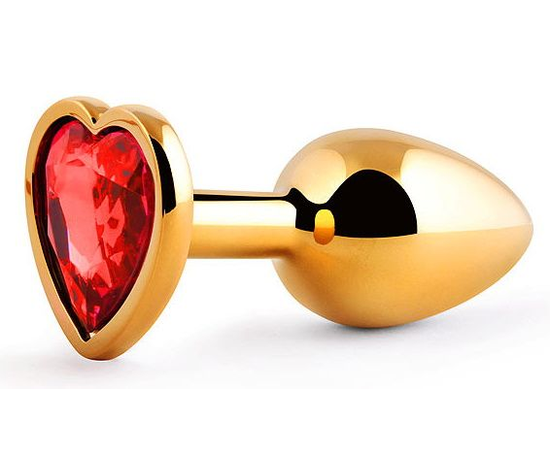 Золотистая анальная пробка с красным стразом-сердечком - 7 см., фото 