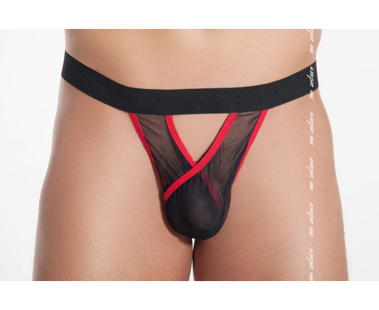 Полупрозрачные мужские трусы-стринги Yves, Цвет: черный с красным, Размер: S-M, фото 