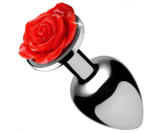 Серебристая анальная пробка с розой Red Rose Butt Plug - 8 см., фото 