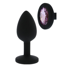 Черная гладкая анальная пробка с розовым кристаллом - 7 см., фото 