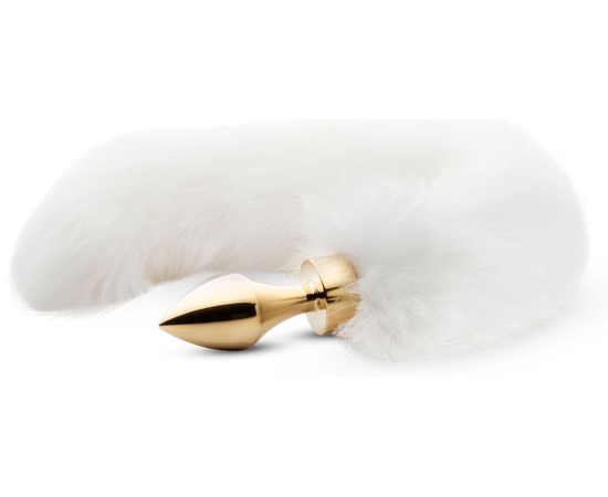 Золотистая анальная пробка с белым пушистым хвостом Fox Tail Plug, фото 