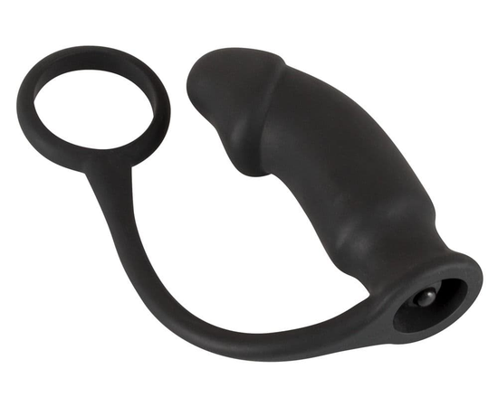 Чёрное эрекционное кольцо на пенис и мошонку с анальной вибровтулкой для усиления ощущений, фото 