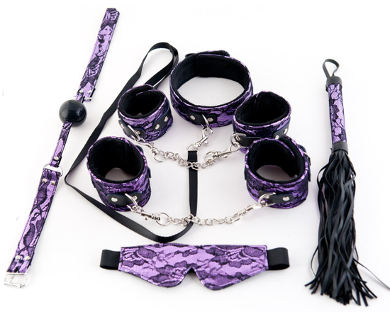 Большой кружевной набор пурпурного цвета: маска, наручники, оковы, ошейник, флоггер, кляп, фото 
