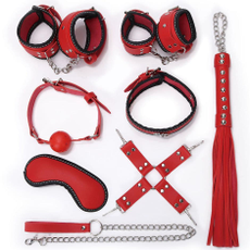 Пикантный набор БДСМ: маска, ошейник, кляп, фиксатор, наручники, оковы, плеть, Цвет: красный с черным, фото 