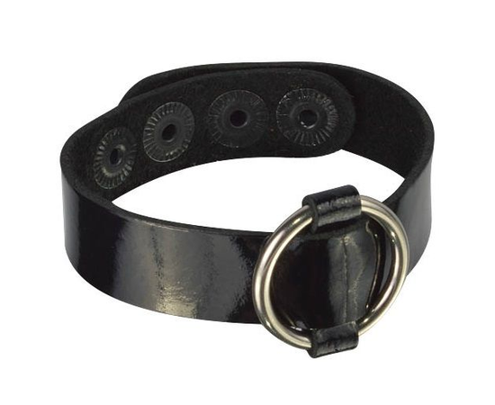 Черный лаковый кожаный браслет с колечком, Цвет: черный, фото 