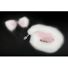 Серебристая анальная пробка с бело-розовым хвостиком и ободком-ушками, фото 